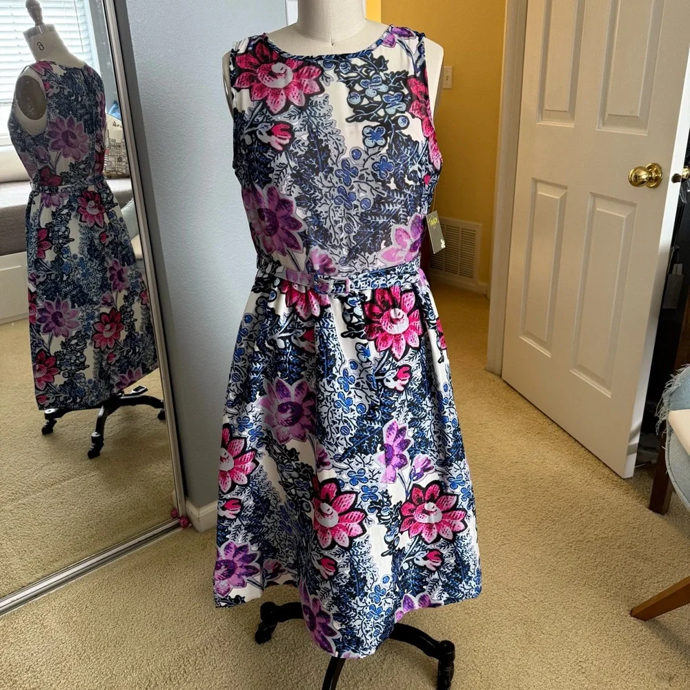 Floral Sleeveless Dress with Pink and Blue Accents